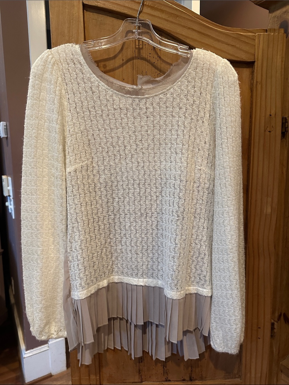 A'Reve Ivory Knit Sweater with Pleated Taupe Hem